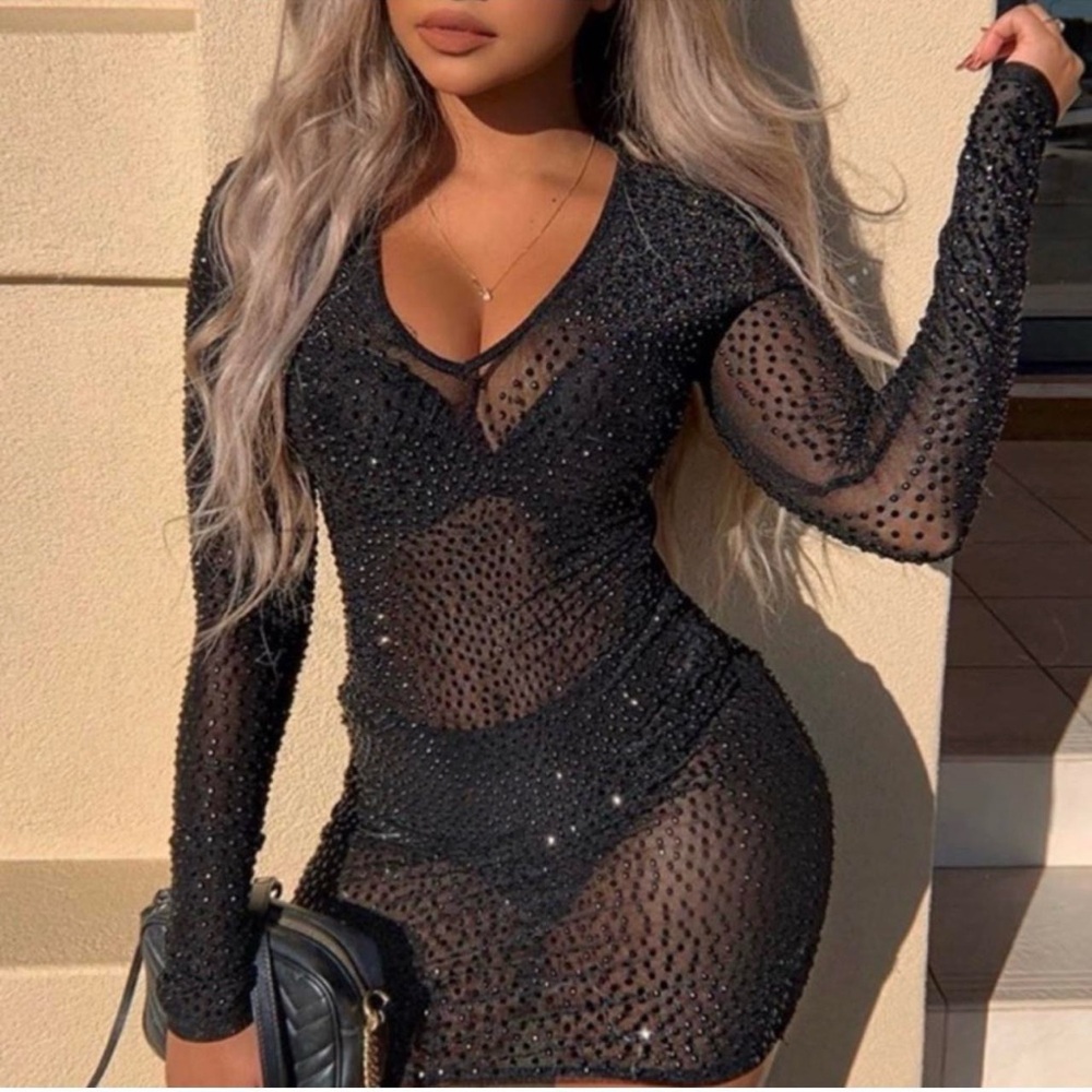 Fashion Nova Black Sparkle Long Sleeve Dress